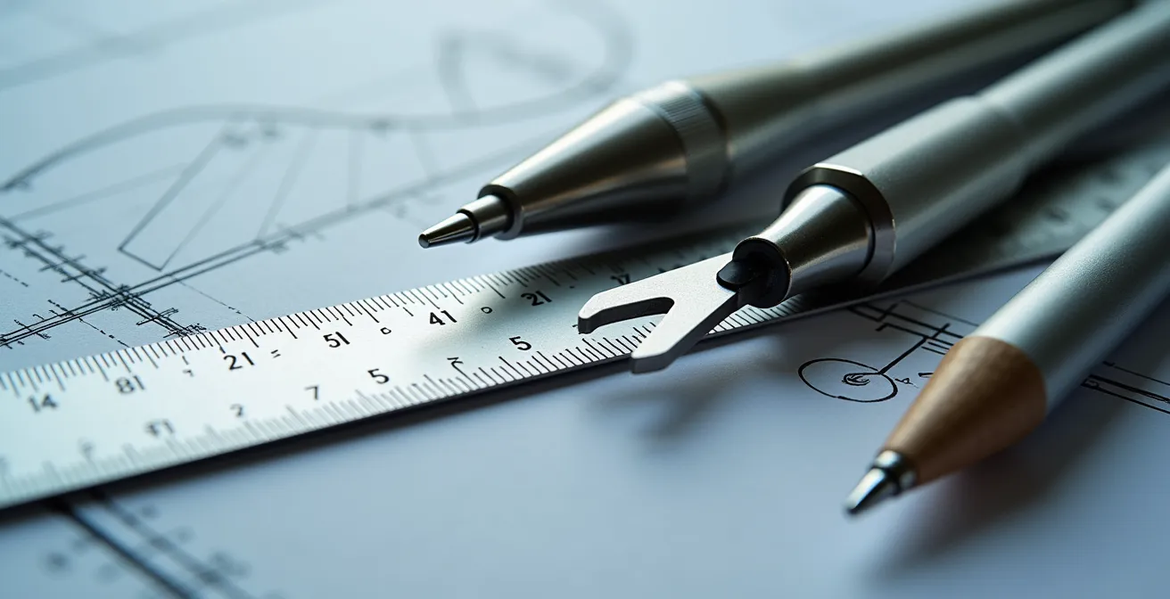 Gros plan sur des symboles techniques de plan de construction avec outils de dessin