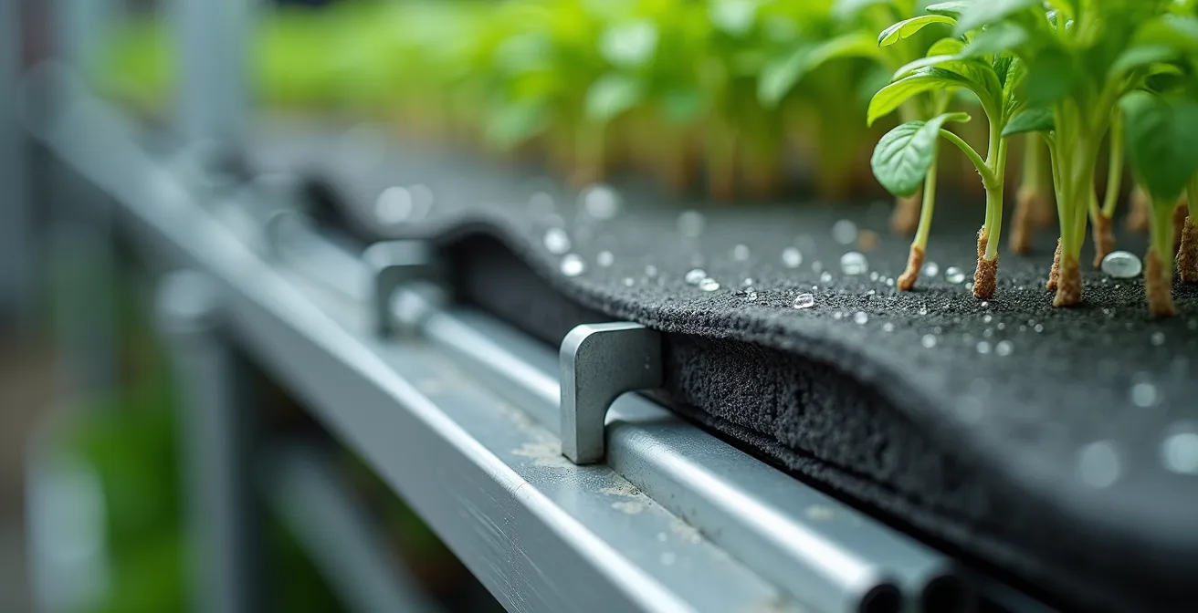 Détail de fixation d'un système de feutre horticole sur structure métallique avec irrigation intégrée