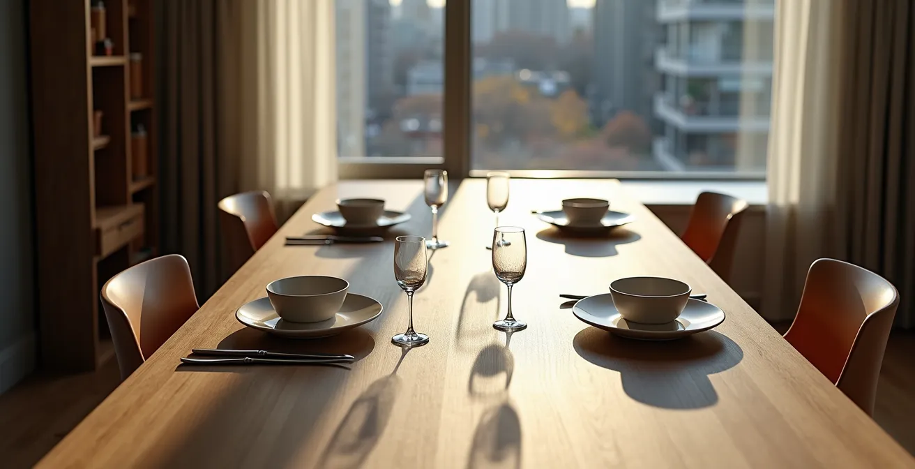 Table console extensible dans un petit studio montréalais avec système de rangement intégré pour chaises pliantes