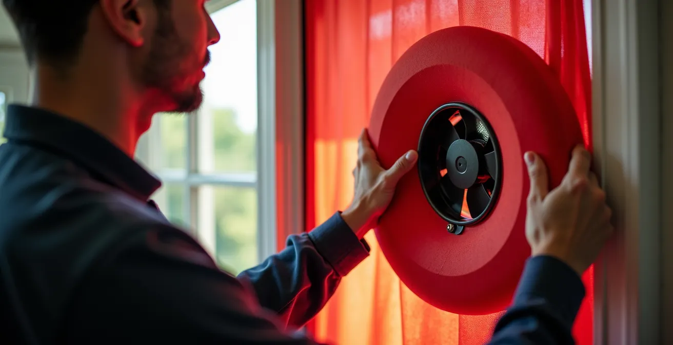 Équipement de test d'infiltrométrie installé dans l'entrée d'une maison québécoise