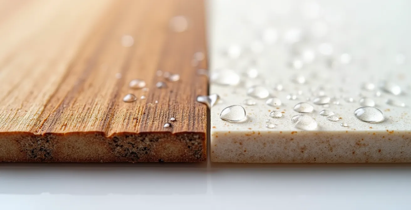 Comparaison macro de textures de composite avec grain profond et lisse montrant l'accumulation de saleté