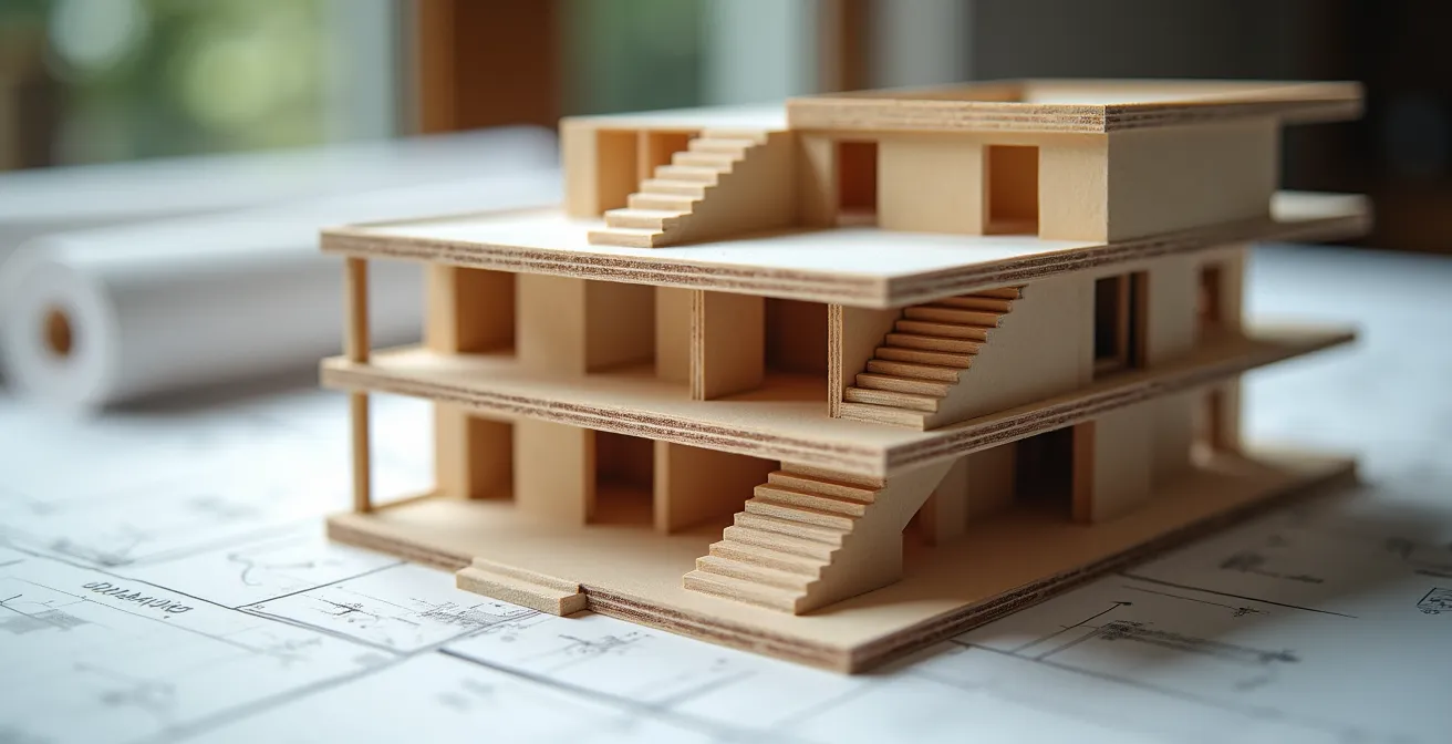 Coupe architecturale montrant la transformation d'un duplex en triplex avec les aménagements requis