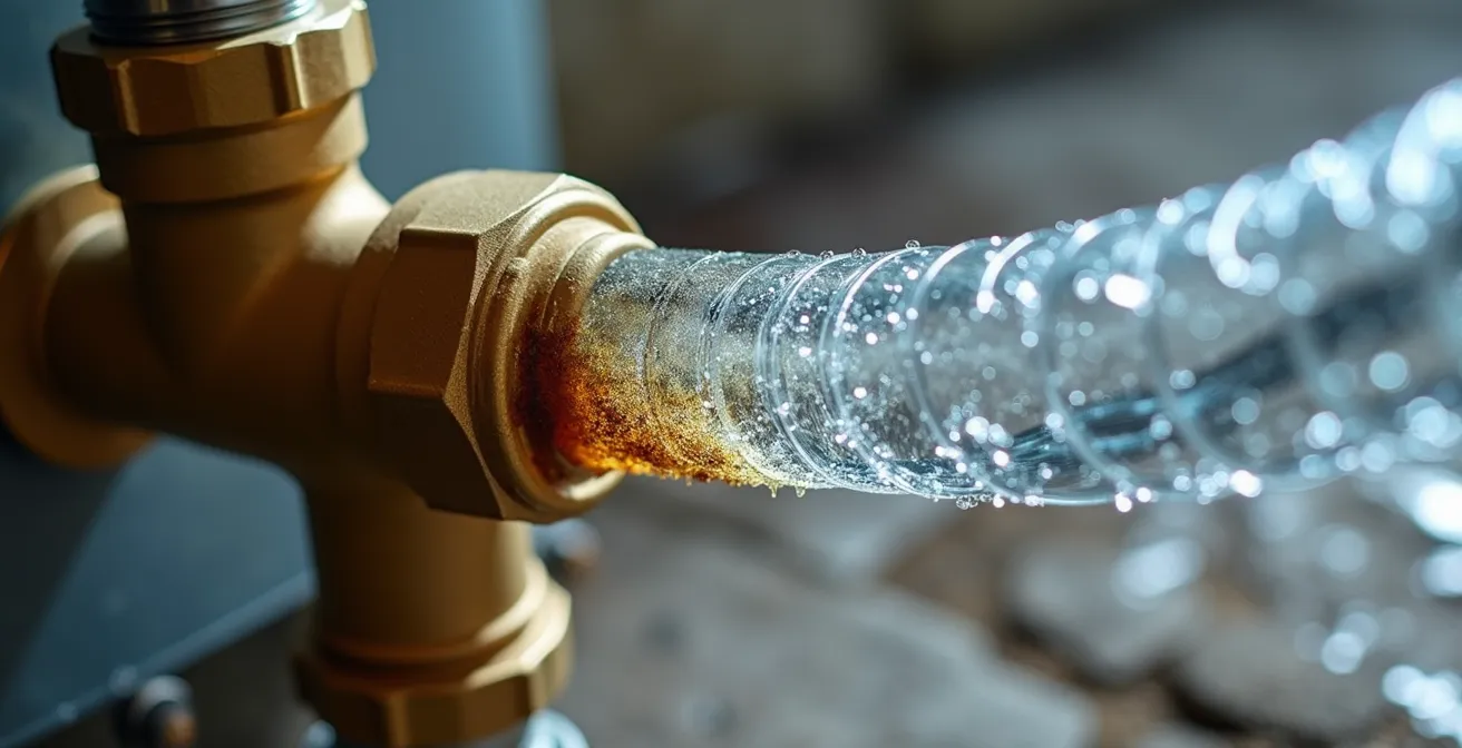 Processus de vidange d'un chauffe-eau avec tuyau d'évacuation raccordé montrant l'eau trouble s'éclaircissant