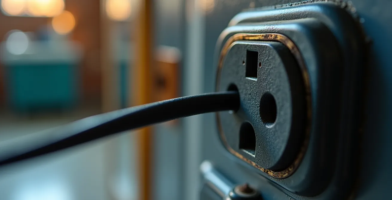 Gros plan macro sur un wattmètre branché montrant la mesure de consommation cachée