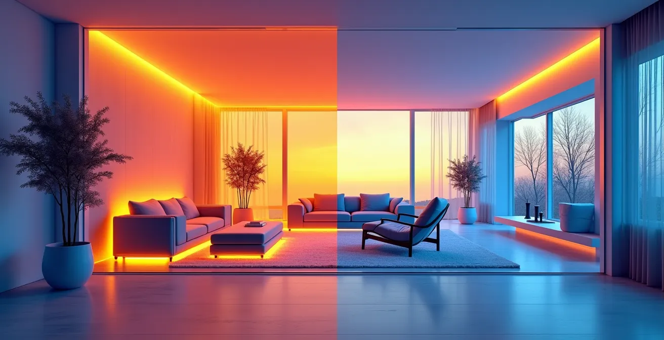 Coupe transversale montrant le système de zonage thermique avec plancher chauffant dans une aire ouverte