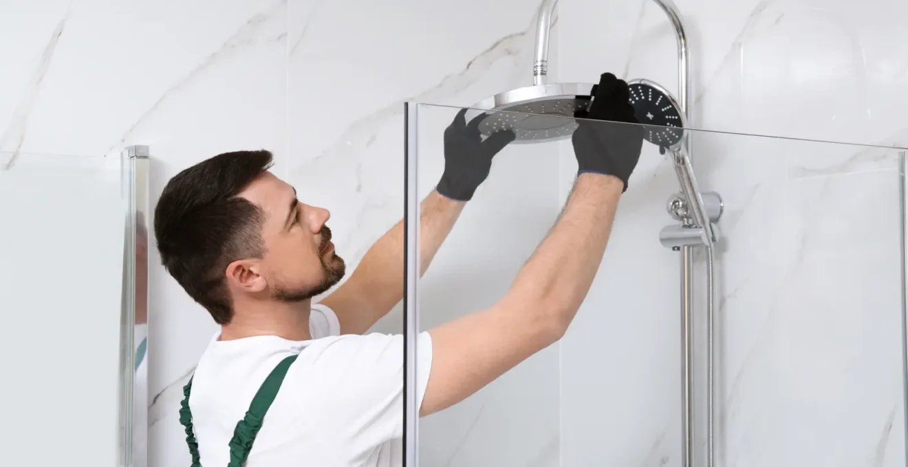 Travailleuse à genoux appliquant une membrane d'étanchéité bleue sur le plancher de douche d'une salle de bain de duplex en rénovation, avec tuyaux de cuivre et conduit de ventilation visibles.